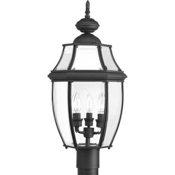 3 Light Black with Clear Beveled Glass New Haven Post Top Light Fixture