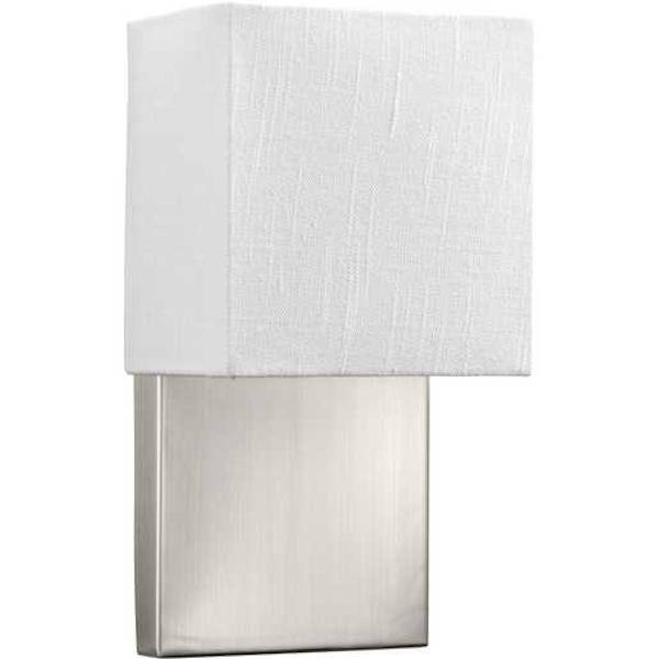 9 watt 120 volt 3000K Brushed Nickel White Linen Shade Dimmable LED Wall Sconce