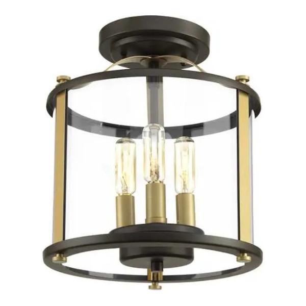 3 Light Antique Bronze with Clear Curved Glass Convertible Light Fixture