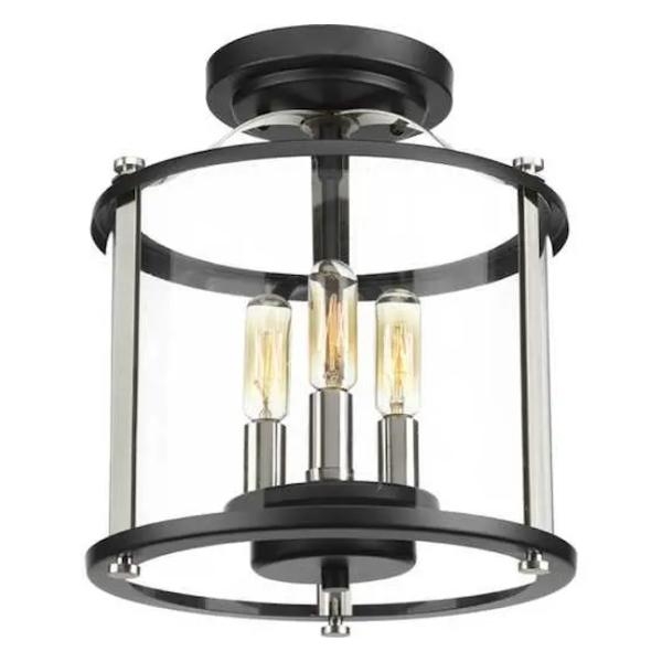 3 Light Black with Clear Curved Glass Convertible Light Fixture