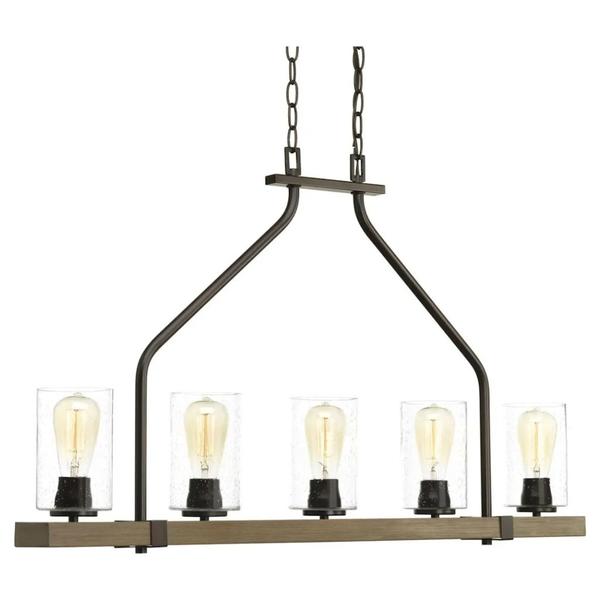 5 Light Antique Bronze Clear Seeded Glass Shade Wood Accents Linear Chandelier Light Fixture