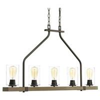 Progress Lighting 5 Light Antique Bronze Clear Seeded Glass Shade Wood Accents Linear Chandelier Light Fixture