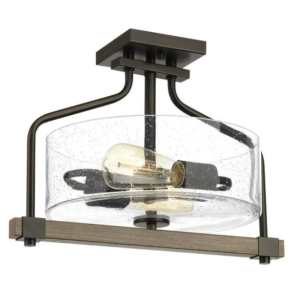 2 Light Antique Bronze Clear Seeded Glass Semi-Flush Ceiling Light Fixture