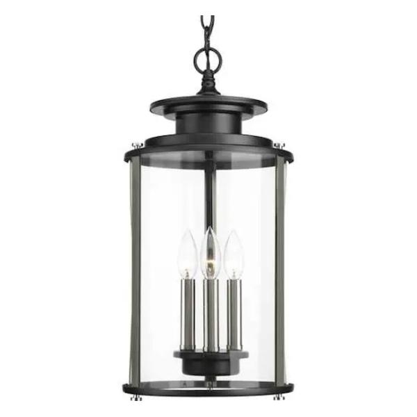 3 Light Black with Clear Curved Glass Hanging Light Fixture