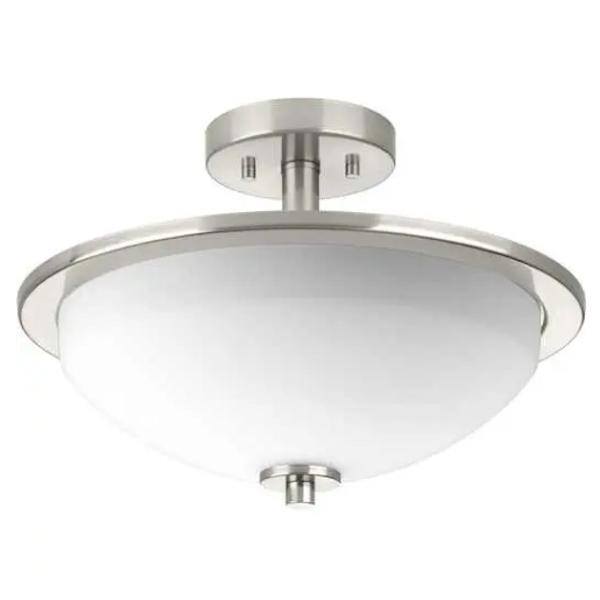 2 Light 120 volt Brushed Nickel Etched White Glass Bowl Ceiling Light Fixture