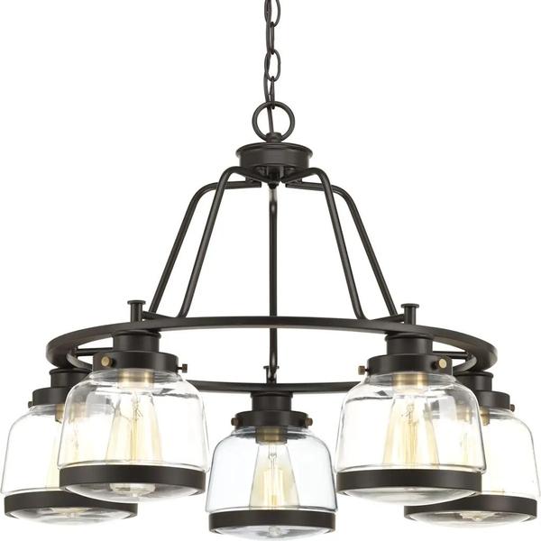 5 Light Antique Bronze Clear Glass Shade Brass Accents Chandelier Light Fixture