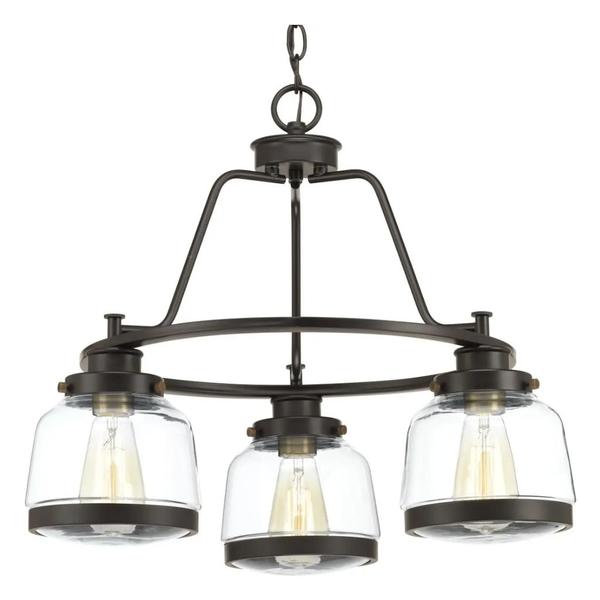 3 Light Antique Bronze Clear Glass Shade Brass Accents Chandelier Light Fixture