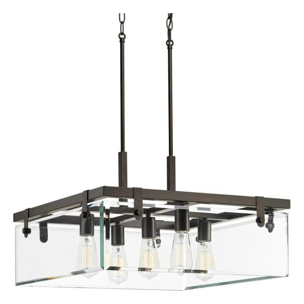 5 Light Antique Bronze Clear Beveled Panel Glass Pendant Light Fixture