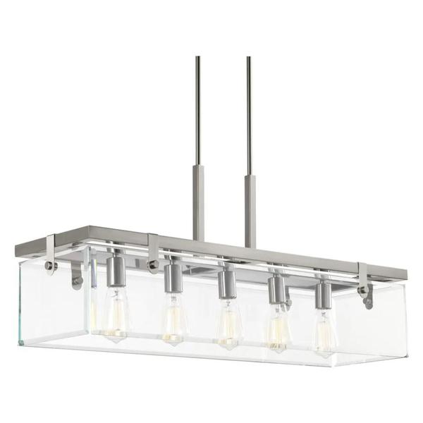 5 Light Brushed Nickel Clear Glass Beveled Panel Linear Chandelier Light Fixture