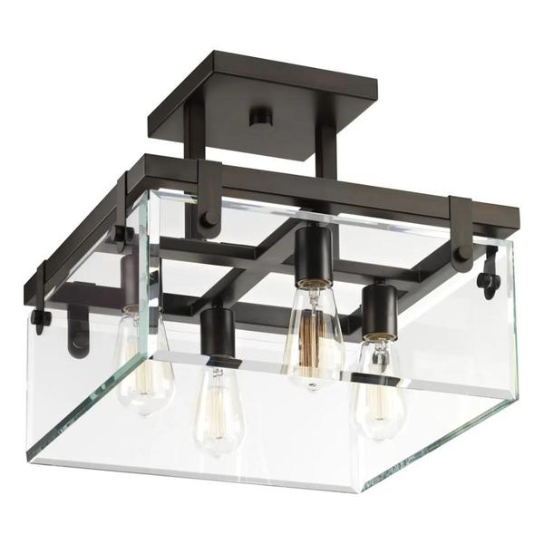 4 Light Antique Bronze Clear Beveled Glass Panels Ceiling Light Fixture