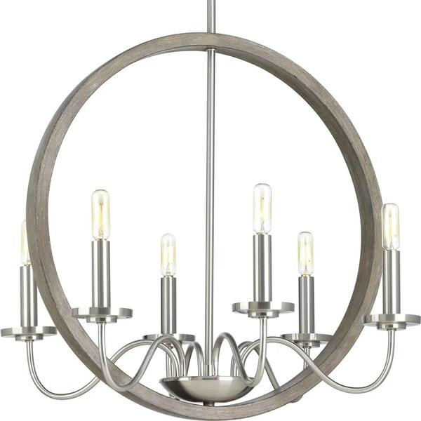 6 Light Brushed Nickel Weather Oak Accents Farmhouse Style Chandelier Light Fixture