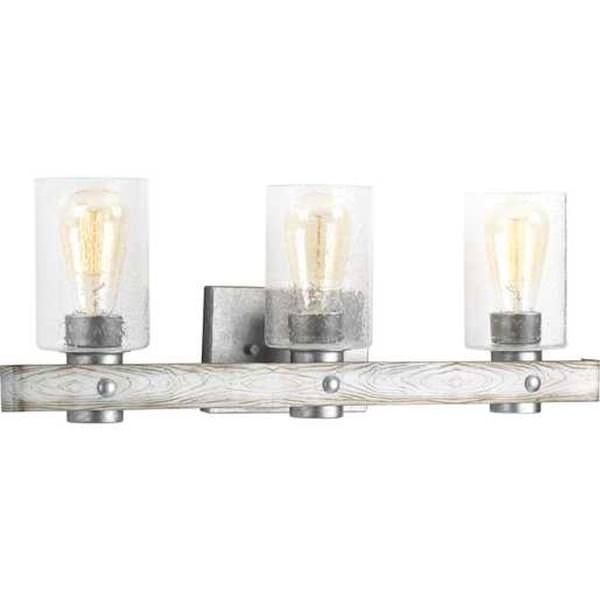 3 Light 120 volt Galvanized Finish Vanity Clear Seeded Glass Light Fixture
