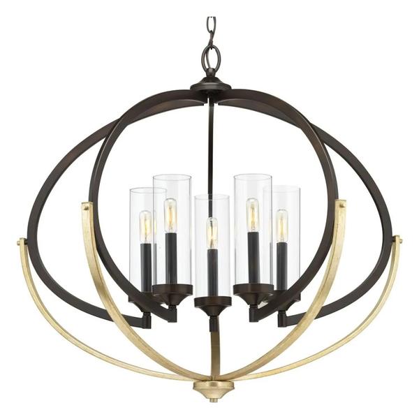 5 Light Antique Bronze Clear Glass Shade Champagne Accents Chandelier Light Fixture