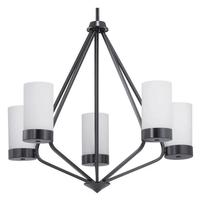 Progress Lighting 5 Light Matte Black Etched White Glass Shade Chandelier Light Fixture