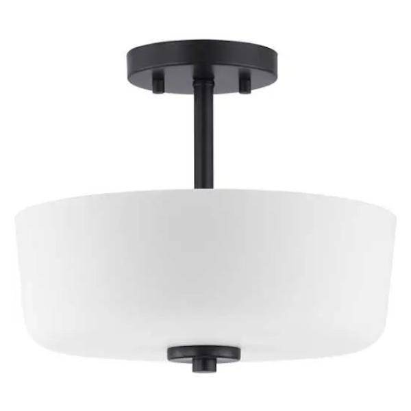 2 Light 120 volt Matte Black Etched White Glass Bowl Semi-Flush Ceiling Light Fixture