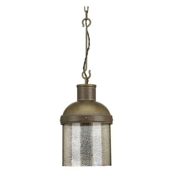 1 Light Aged Brass Mercury Glass Shade Dark Brown Leather Strap Pendant Light Fixture
