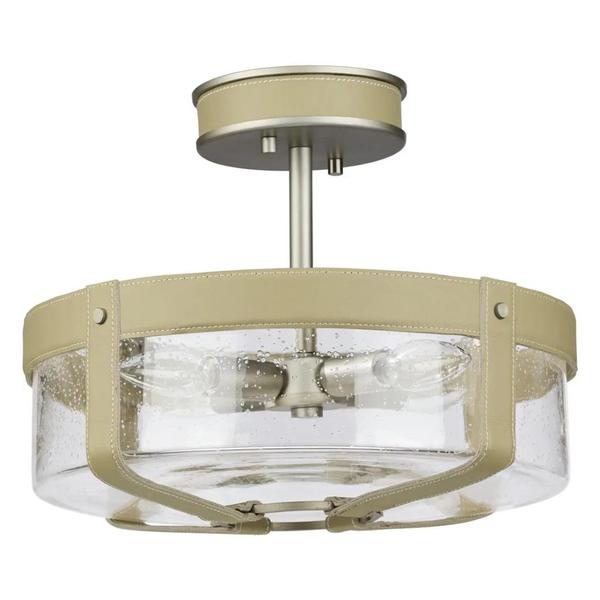 4 Light Antique Nickel Clear Seeded Glass Beige Leather Accents Ceiling Light Fixture