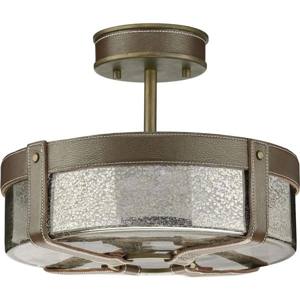 4 Light Aged Brass Clear Seeded Glass Dark Brown Leather Accents Ceiling Light Fixture