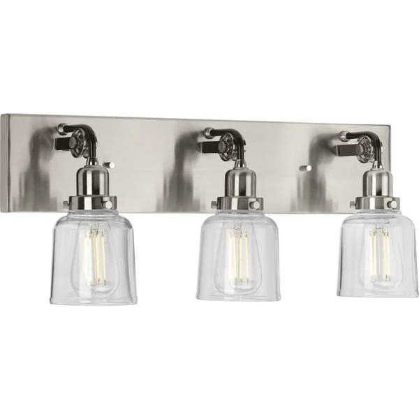 3 Light 120 volt Brushed Nickel Vanity Clear Glass Light Fixture