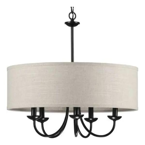 5 Light Matte Black White Textured Linen Shade Chandelier Light Fixture