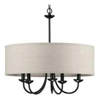 Progress Lighting 5 Light Matte Black White Textured Linen Shade Chandelier Light Fixture