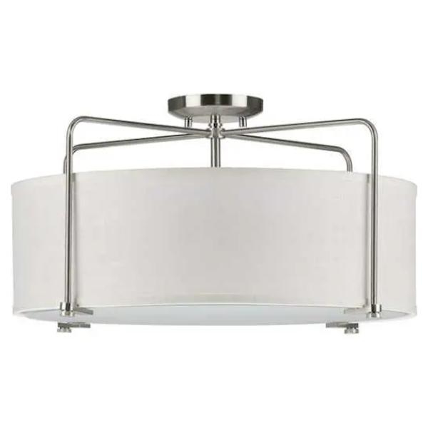 3 Light 120 volt Brushed Nickel Fabric Shade Etched Glass Diffuser Ceiling Light Fixture