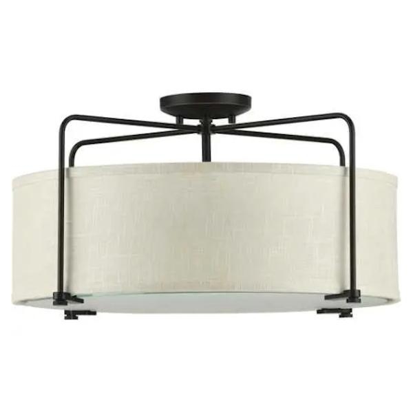 3 Light 120 volt Antique Bronze Fabric Shade Etched Glass Diffuser Ceiling Light Fixture