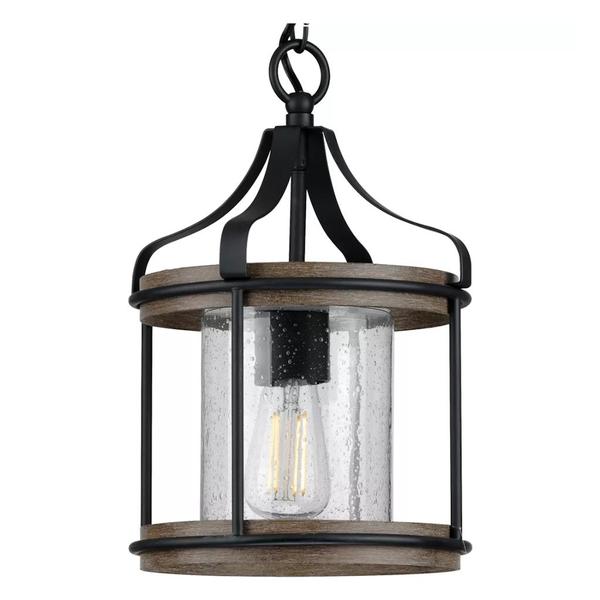 1 Light Antique Bronze Clear Seeded Glass Shade with Weathered Gray Wood Accents Pendant Light Fixture