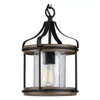 Progress Lighting 1 Light Antique Bronze Clear Seeded Glass Shade with Weathered Gray Wood Accents Pendant Light Fixture