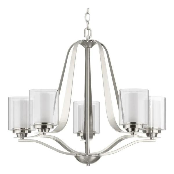 5 Light Brushed Nickel Clear Glass Etched Inside Shade Chandelier Light Fixture