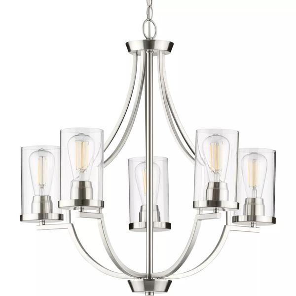 5 Light Brushed Nickel Clear Glass Shade Chandelier Light Fixture
