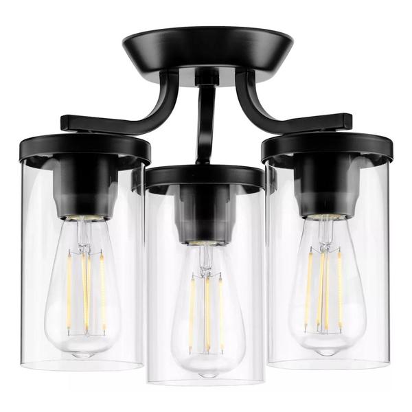3 Light 120 volt Matte Black Clear Glass Shades Ceiling Light Fixture