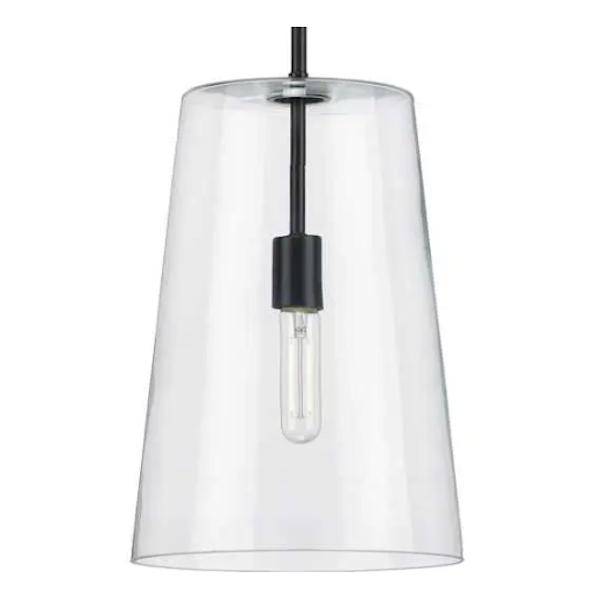 1 Light Matte Black Clear Glass Cylindrical Shade Pendant Light Fixture