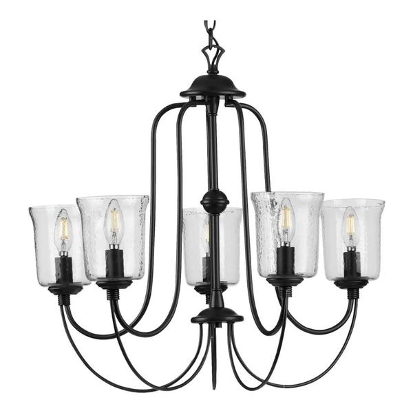 5 Light Matte Black Clear Chiseled Glass Shade Chandelier Light Fixture