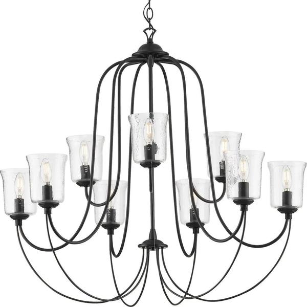9 Light Matte Black Clear Chiseled Glass Shade Chandelier Light Fixture