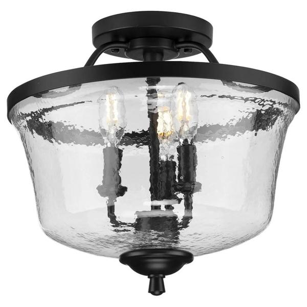 3 Light Matte Black Lightly Clear Chiseled Glass Ceiling Light Fixture
