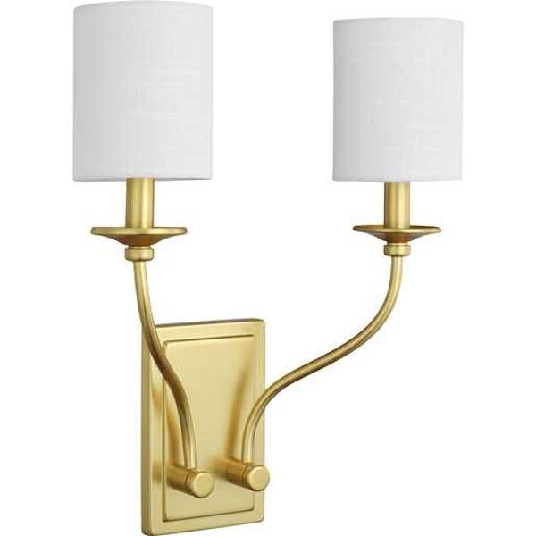 2 Light 120 volt Satin Brass Vanity Linen Fabric Shade Light Fixture