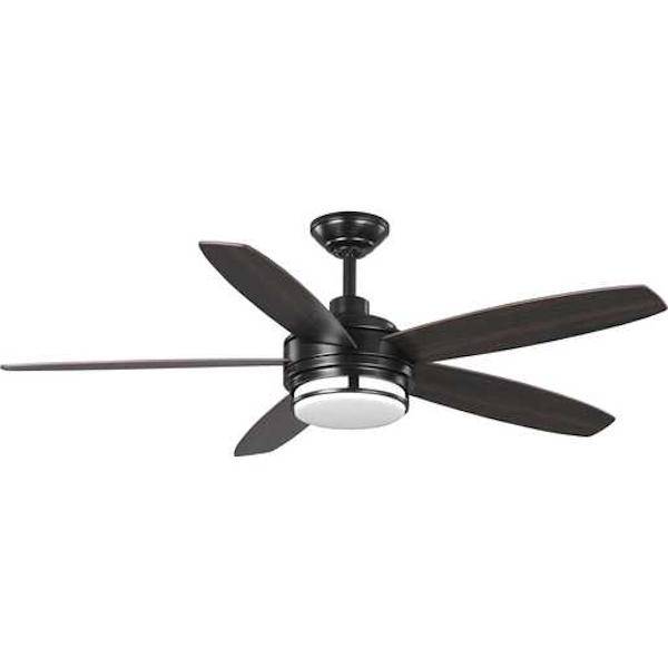 54" Black 5 Toasted Oak Blade White Opal Glass Shade Remote Control LED Ceiling Fan