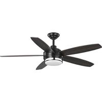 Progress Lighting 54" Black 5 Toasted Oak Blade White Opal Glass Shade Remote Control LED Ceiling Fan