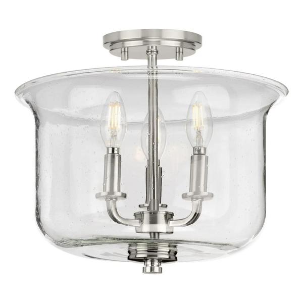 3 Light Brushed Nickel Lightly Seeded Clear Glass Ceiling Light Fixture