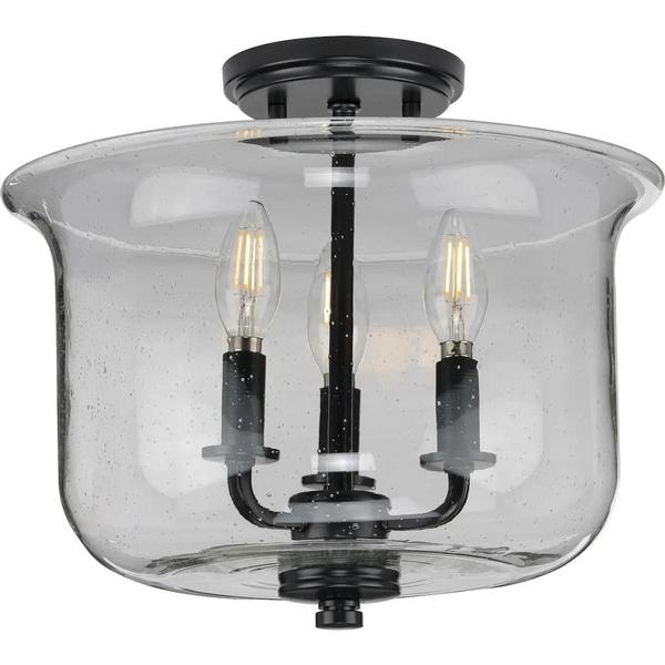 3 Light Matte Black Lightly Seeded Clear Glass Ceiling Light Fixture