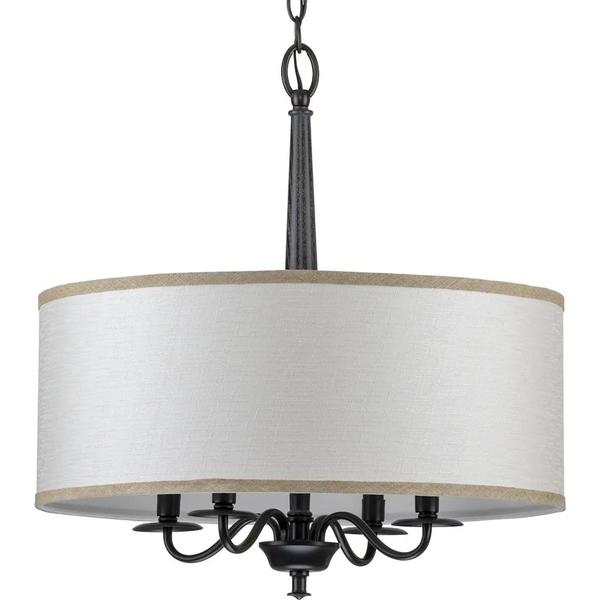 4 Light Matte Black Wood Accents Sailcloth Linen Shade Chandelier Light Fixture