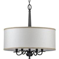 View 4 Light Matte Black Wood Accents Sailcloth Linen Shade Chandelier Light Fixture