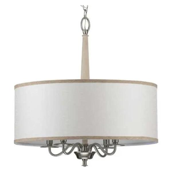 4 Light Brushed Nickel Wood Accents Sailcloth Linen Shade Chandelier Light Fixture