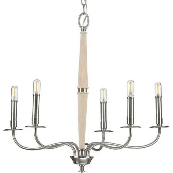 5 Light Brushed Nickel Wood Accents Chandelier Light Fixture