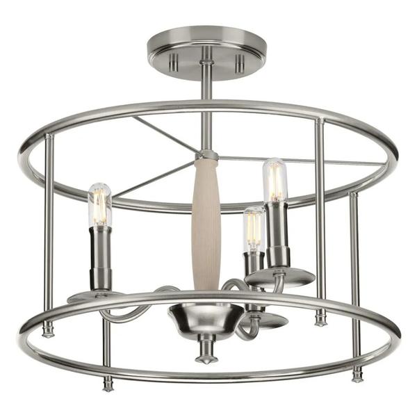 3 Light Brushed Nickel Open-Cage Design Wooden Column Accent Ceiling Light Fixture