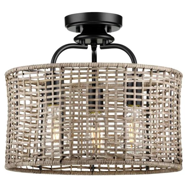 3 Light Matte Black Natural Rattan Textured Accent Ceiling Light Fixture