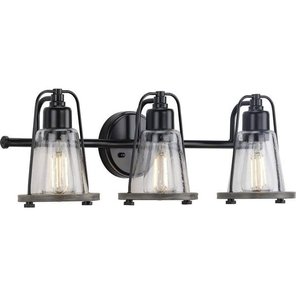 3 Light 120 volt Matte Black Vanity Clear Seeded Glass Light Fixture