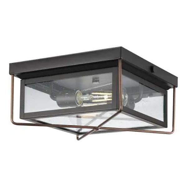 2 Light Antique Bronze with Clear Seeded Glass Light Fixture