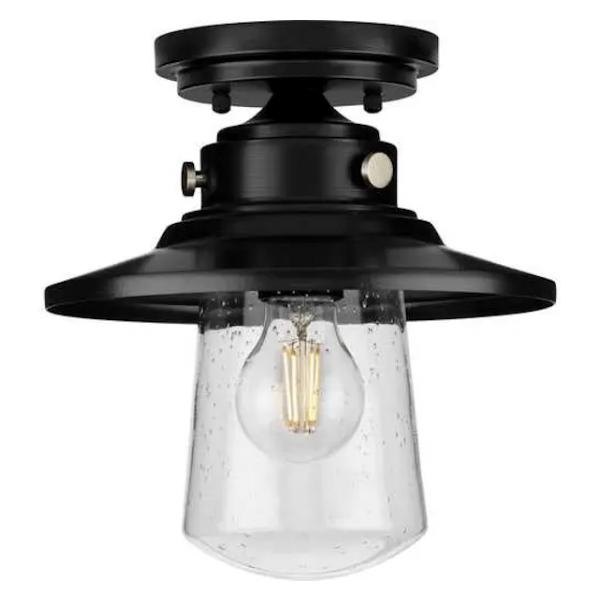 1 Light Matte Black Clear Seeded Glass Outdoor Semi Flush Light Fixture